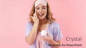  Presentation with face mask - Theme having image-of-caucasian-cheerful-woman background and a lemonade colored foreground