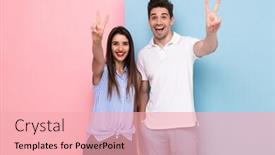  Presentation with peace - Colorful slides enhanced with image of caucasian couple in casual wear smiling and gesturing peace sign isolated over colorful background backdrop and a lemonade colored foreground
