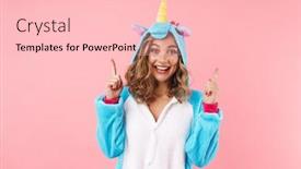  Presentation with unicorn - Slides having image-of-caucasian-excited-woman background and a lemonade colored foreground