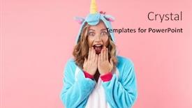  Presentation with pink unicorn - Presentation theme enhanced with image-of-caucasian-excited-woman background and a lemonade colored foreground