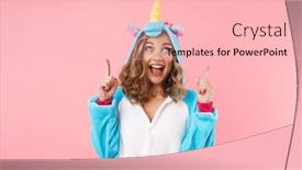  Presentation with pink unicorn - Amazing PPT theme having image-of-caucasian-excited-woman backdrop and a lemonade colored foreground