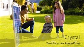  Presentation with solar panel - Presentation design consisting of image-of-caucasian-father-showing background and a yellow colored foreground