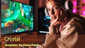  Presentation with video game - Presentation design with image-of-caucasian-focused-girl background and a tawny brown colored foreground