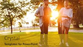  Presentation with happy image - PPT layouts enhanced with image of caucasian happy couple dressed in casual wear smiling while riding e-scooters together in green park background and a gold colored foreground