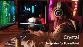  Presentation with happy image - Slide deck enhanced with image-of-caucasian-happy-girl background and a tawny brown colored foreground