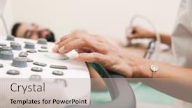  Presentation with medical ultrasound - Colorful slide set enhanced with image of caucasian man getting abdominal ultrasound scan by female doctor in medical uniform at hospital backdrop and a mint green colored foreground