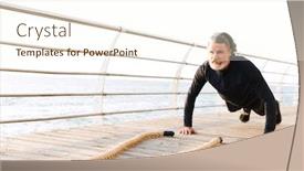  Presentation with battle - Slide set featuring image of caucasian mature man in tracksuit doing exercise with battle ropes while working out near seaside in morning background and a cream colored foreground