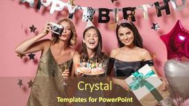  Presentation with pink birthday - Presentation design having image of caucasian party girls with retro camera holding birthday cake and gift box isolated over pink background background and a tawny brown colored foreground