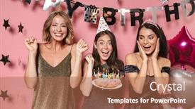  Presentation with party candles - Colorful presentation design enhanced with image of caucasian party girls in festive dresses holding birthday cake with candles isolated over pink background backdrop and a red colored foreground