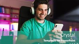  Presentation with video game - Amazing slides having image-of-caucasian-smiling-man backdrop and a teal colored foreground