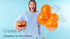  Presentation with balloons blue - Colorful presentation enhanced with image of caucasian woman holding halloween carved pumpkin and air balloons isolated over blue background backdrop and a light blue colored foreground