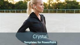  Presentation with workout - Audience pleasing presentation design consisting of image of caucasian woman wearing tracksuit in wireless earpods walking with fitness mat for workout outdoors backdrop and a ocean colored foreground