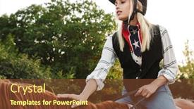  Presentation with horse riding - Colorful presentation theme enhanced with image of caucasian young blonde woman wearing hat riding horse at yard in countryside backdrop and a tawny brown colored foreground