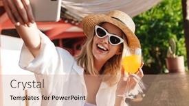  Presentation with cocktail bar - Cool new presentation design with image-of-charming-joyful-woman backdrop and a coral colored foreground