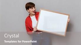  Presentation with gray - Slide deck featuring image of charming woman wondering while holding copyspace text board isolated over gray background background and a gray colored foreground