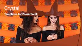  Presentation with black women - Colorful PPT theme enhanced with image of cheeful witch women in black halloween costume peeking at cellphones isolated over orange pumpkin wall backdrop and a crimson colored foreground