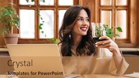  Presentation with cafe - Presentation design featuring image-of-cheerful-adult-woman background and a coral colored foreground