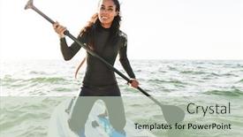  Presentation with paddle out - Beautiful PPT layouts featuring image of cheerful african american woman in wetsuit working out with stand up paddle board on water backdrop and a mint green colored foreground