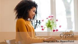  Presentation with african american in computer lab - Slide set having image-of-cheerful-african-american background and a coral colored foreground