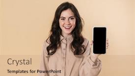  Presentation with cheerful - Audience pleasing theme consisting of image-of-cheerful-attractive-woman backdrop and a coral colored foreground