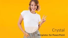 Presentation with basic - Colorful presentation theme enhanced with image of cheerful blond woman in basic t-shirt smiling and showing peace fingers isolated over yellow background backdrop and a gold colored foreground