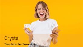  Presentation with basic - Colorful slide set enhanced with image of cheerful blond woman in basic t-shirt holding smartphone and credit card isolated over yellow background backdrop and a gold colored foreground