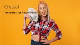  Presentation with cheerful - Colorful presentation enhanced with image-of-cheerful-blonde-pinup backdrop and a gold colored foreground