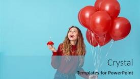  Presentation with balloons blue - Slide deck having image-of-cheerful-blonde-woman background and a light blue colored foreground