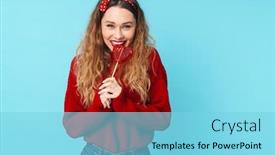  Presentation with candy - Cool new slide deck with image-of-cheerful-blonde-woman backdrop and a light blue colored foreground