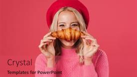  Presentation with cheerful - Cool new PPT theme with image-of-cheerful-blonde-woman backdrop and a red colored foreground