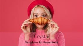  Presentation with croissant - PPT theme consisting of image-of-cheerful-blonde-woman background and a coral colored foreground