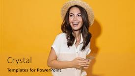  Presentation with cheerful stylish city girl using - Amazing presentation theme having image-of-cheerful-brunette-woman backdrop and a gold colored foreground