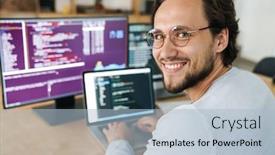  Presentation with computers - Slide set featuring image-of-cheerful-caucasian-programmer background and a light blue colored foreground