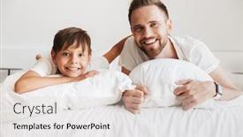  Presentation with linen - Cool new theme with image of cheerful father 30s and son 8-10 laughing while lying on bed with white linen at home and looking at you backdrop and a lemonade colored foreground