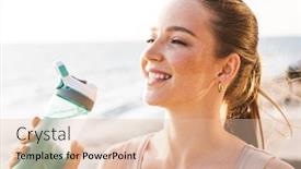  Presentation with water sports - PPT layouts enhanced with image of cheerful happy smiling young sports woman outdoors on beach drinking water background and a lemonade colored foreground