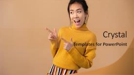  Presentation with japanese folk song sakuta - PPT theme having image of cheerful japanese woman wearing sweater smiling and pointing fingers aside at copyspace isolated over beige background in studio background and a gold colored foreground