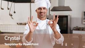  Presentation with restaurant kitchen - Colorful presentation enhanced with chiefs - image of cheerful male chief backdrop and a  colored foreground