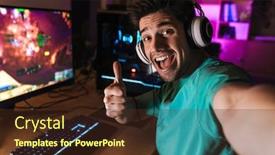  Presentation with video game - Presentation theme having image-of-cheerful-man-showing background and a tawny brown colored foreground