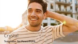  Presentation with masculine - Presentation with image of cheerful masculine man smiling and looking aside while walking at city street background and a lemonade colored foreground