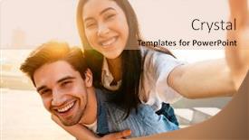  Presentation with multicultural - Audience pleasing presentation design consisting of image-of-cheerful-multicultural-couple backdrop and a coral colored foreground