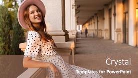  Presentation with happy image - Beautiful slides featuring image of cheerful optimistic happy positive young redhead woman walking by street outdoors backdrop and a coral colored foreground