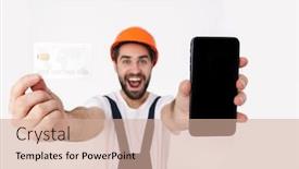  Presentation with man holding phone - Presentation design featuring image-of-cheerful-optimistic-positive background and a coral colored foreground