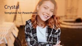  Presentation with cage - Theme consisting of image of cheerful redhead young lady dressed in shirt in a cage print and white t-shirt looking at camera background and a coral colored foreground