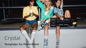  Presentation with girls night - Cool new theme with image of cheerful roller girls sitting together with skateboard and boombox player at night outdoors backdrop and a light gray colored foreground