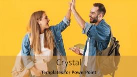  Presentation with denim - Presentation theme consisting of image of cheerful students in denim clothes smiling while holding exercise books isolated over yellow background background and a gold colored foreground