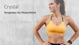  Presentation with sportswear - Amazing PPT layouts having image of cheerful woman in sportswear with earpods smiling while standing over concrete wall outdoors backdrop and a light gray colored foreground