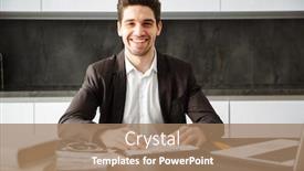  Presentation with writing notes - Theme having image of cheerful young businessman working indoors using laptop computer writing notes background and a coral colored foreground