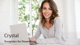  Presentation with computer lab science classroom - Amazing presentation design having image of cheerful young lady backdrop and a light gray colored foreground