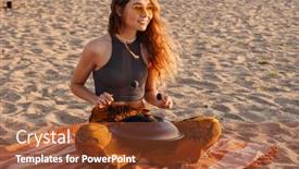  Presentation with drum - Amazing PPT theme having image-of-cheerful-young-woman backdrop and a tawny brown colored foreground