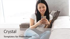  Presentation with asian - Beautiful slide deck featuring image of cheery asian girl backdrop and a light gray colored foreground